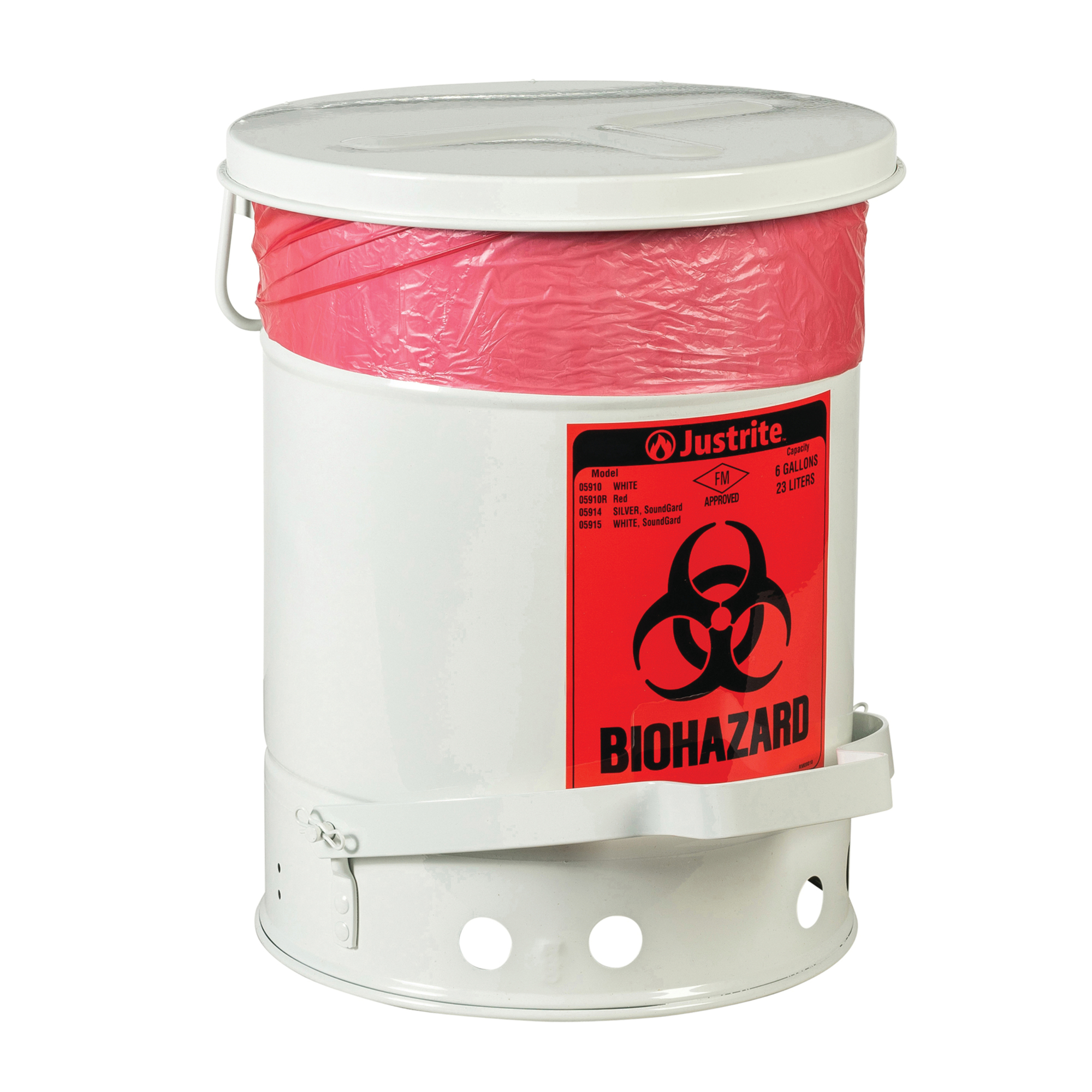 Justrite Biohazard Waste Can — 6 Gallon, Steel, Foot-Operated Self-Closing, SoundGard Cover, White, Model# 05915